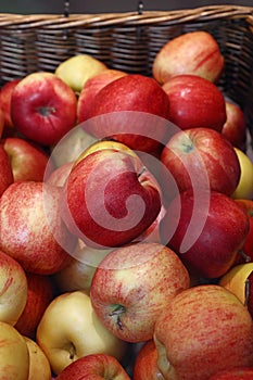Fresh red apples on retail market close up