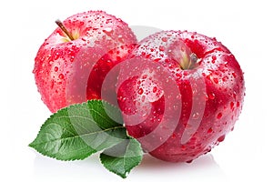 Fresh Red Apples With Water Droplets and Green Leaf Isolated on White Background