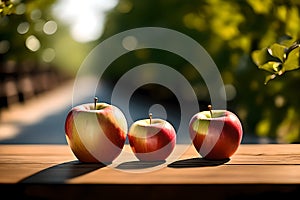 Fresh red apples on wooden background. AI generated content