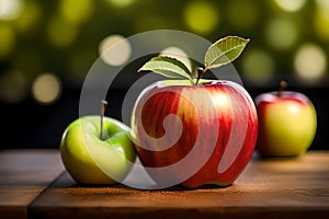 Fresh red apples on wooden background. AI generated content