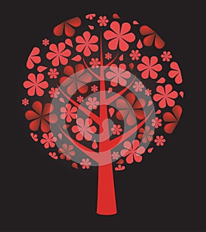 Fresh red background.Flowers tree. Vector