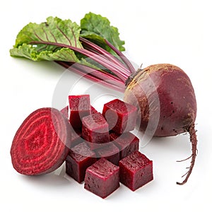 Red beetroot and beetroot cut in cubes isolated on white background