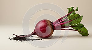 Fresh Red Beetroot with Dark Soil on Beige Background