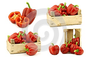 Fresh red bell peppers capsicum and a cut one in a wooden crate