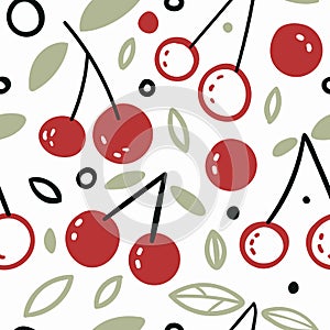 Fresh red branches of cherries. Vector seamless pattern with berries isolated on white background. Hand drawn illustration of