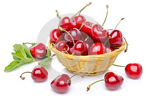 Fresh red cherries in a basket