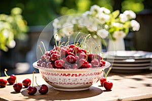 Fresh red cherries fruit in bowl on table in garden