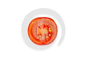 Fresh red cherry tomato without leaves in incision, half fetus isolated on white background. Macro, flat lay. Horizontal, close-up
