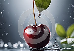 Fresh red cherry with water drops. Generative AI
