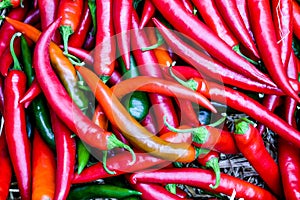 Fresh red chili pepper group on top view