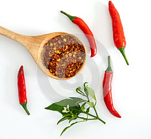 A fresh red chilli pepper and crushed dried red cayenne pepper with seeds , rich of antioxidant herbal food