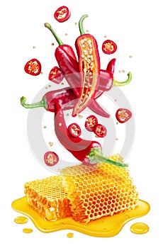 Fresh red chilli pepper and sections of chilli pepper floating over honeycombs and honey puddle isolated on white background.