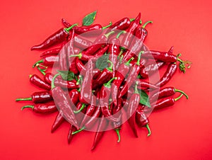 Fresh red chilli peppers grouped in a heap isolated on red background