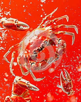 Fresh Red Crab with Claws Splash and Water Droplets on a Bright Red Background, Seafood Delicacy Concept, Vibrant Marine Cuisine