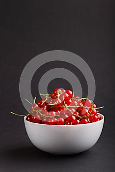 Fresh red currant in white bowl on black background. side view