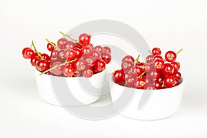 Fresh red currants in bowl on a white background close up