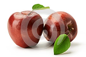 Fresh Red Delicious apples with green leaf isolated on a white