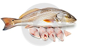 Fresh Red Drum Fish and Slices on White Background