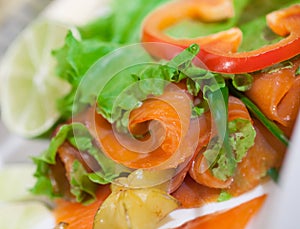 Fresh red fish, salad anf pepper