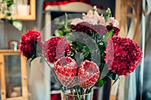 Fresh red flower bouquet closeup, nobody