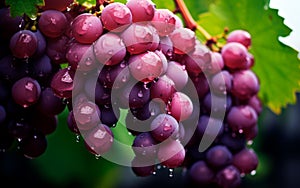 Fresh red grapes with green leaves, water dropplets and blurred background.