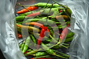 Fresh red green chillies in plastic bags