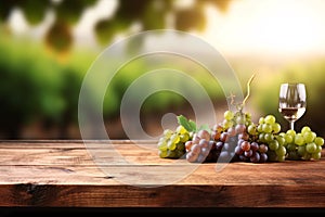 Fresh red and green grapes with a glass of wine on wooden table and blurred vineyard background, space for display product.