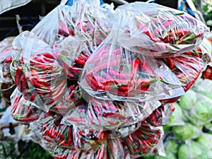 Fresh Red Hot Chilies in Plastic Bags for Sale