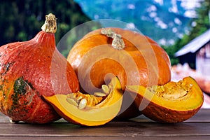 Fresh red kuri pumpkin hokkaido with country nature