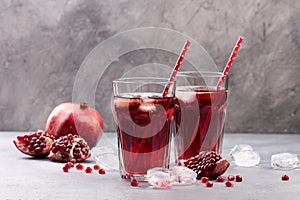 Fresh red lemonade with pomegranate and ice in glass