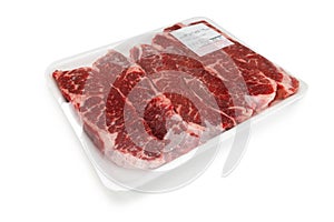 Fresh red meat packed in a poly bag.