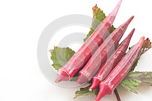 Fresh red okra with leave isolated on white background.
