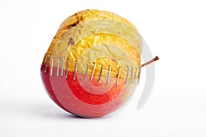 Fresh red and old yellow apple halves with staples on white background,