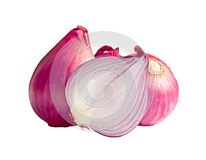 Fresh red onion bulbs with half isolated on white background with clipping path