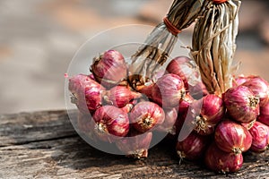 Fresh red onion on rustic wooden table