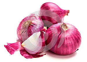 The Fresh red onion sliced bulb and onion peel isolated on white