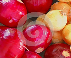 Fresh Red Onions and a Few Yellow Ones at a Farmer`s Market