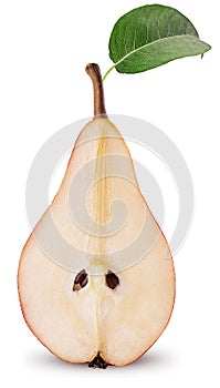 Fresh red pears cut in half with leaf