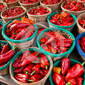 Fresh red peppers in baskets at the market. Generative AI