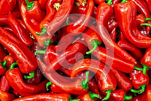 Fresh red peppers for sale at vegetable market, close up.