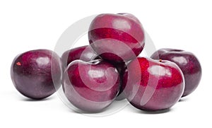 Fresh red plums fruit on white background
