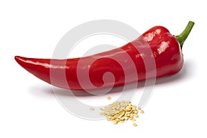 Fresh red pointed bell pepper and a heap of seed in front isolated on white background