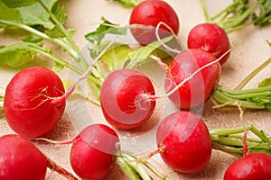 Fresh red radish with green leaves on a beige background, closeup. Fresh red radish