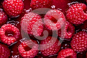 Fresh red raspberries on the background of water with villi