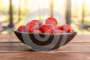 Fresh red raspberry with forest behind