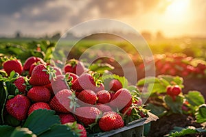 Fresh red ripe strawberries in a basket after harvest on organic strawberry farm.
