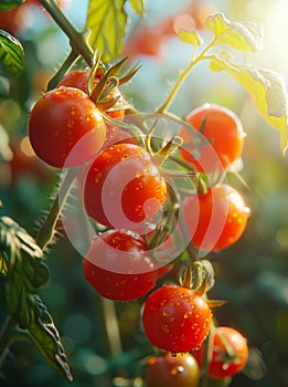 Fresh red ripe tomatoes growing on the vine in the garden