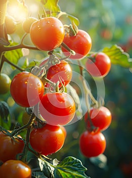 Fresh red ripe tomatoes growing on the vine in the garden