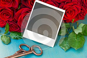 Fresh red roses with instant photos