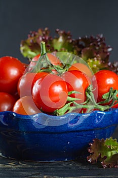 Fresh red small tomatoes and green leaf salad in blue bowl ready